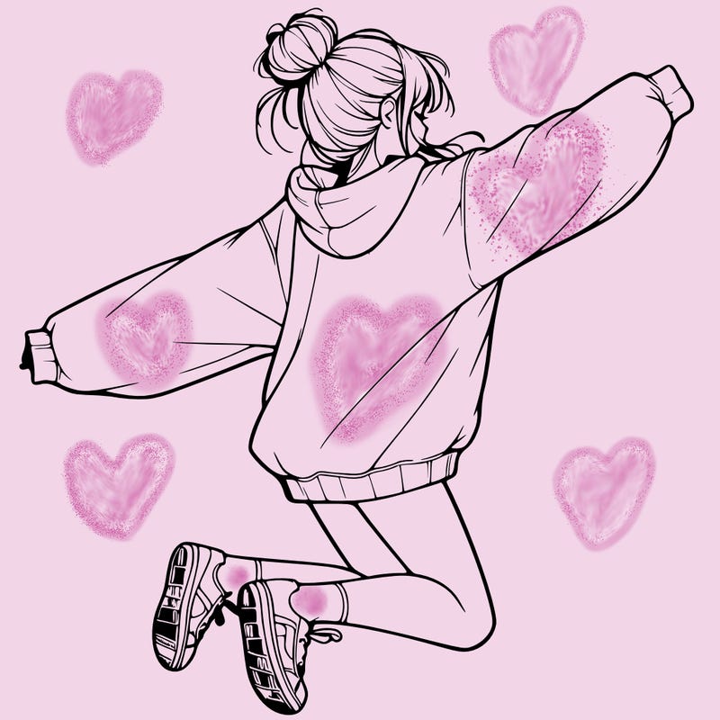 realistic girl jumping with a bun and oversized sweatshirt