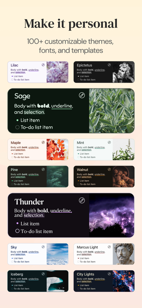 Diarly: Diary, Private Journal - A showcase of multiple light and dark customizable themes and fonts for the Diarly journal app