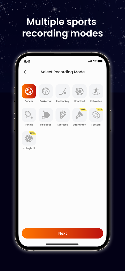Interfaccia dell'app XbotGo che mostra varie modalità di registrazione sportiva come calcio, basket e tennis