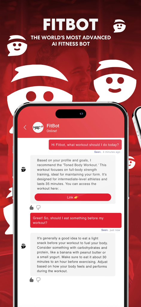 The FitBot AI chat interface within the MAC+ app providing personalized workout recommendations and nutrition advice on a smartphone.