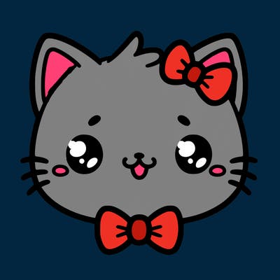 kawaii cat with a bow tie hanging from his ear