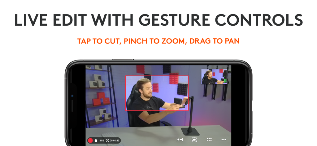 Aplicativo Logitech Mevo em um smartphone mostrando a interface de edição de vídeo ao vivo com controles de gestos