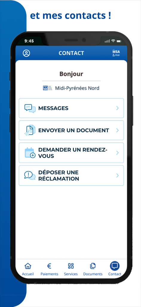 ma MSA & moi - Contact page of the ma MSA & moi mobile application with various communication options.