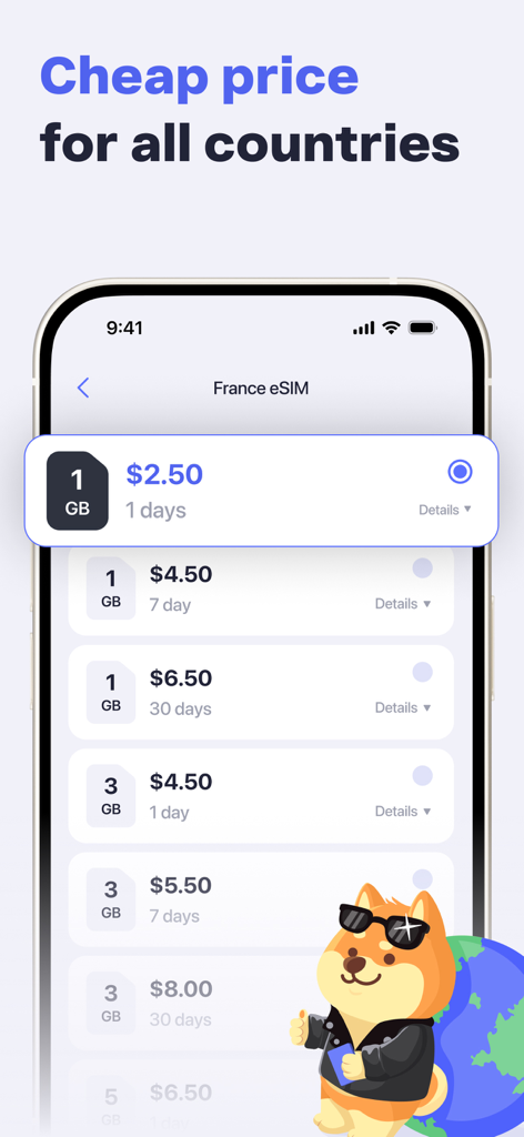 SimHub: eSIM Travel Data - Schermata dell'app SimHub che mostra piani dati eSIM economici per la Francia