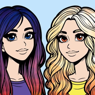 realistic two freinds girls both with blonde hair and brown eyes both hve noses one with straight hair and on with wavy hair realistic