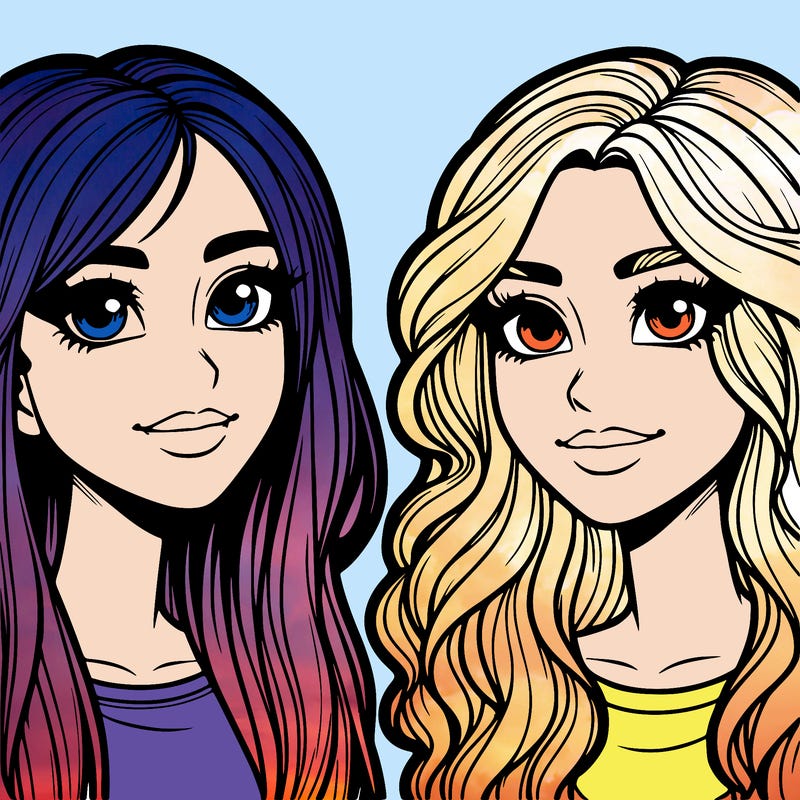 realistic two freinds girls both with blonde hair and brown eyes both hve noses one with straight hair and on with wavy hair realistic