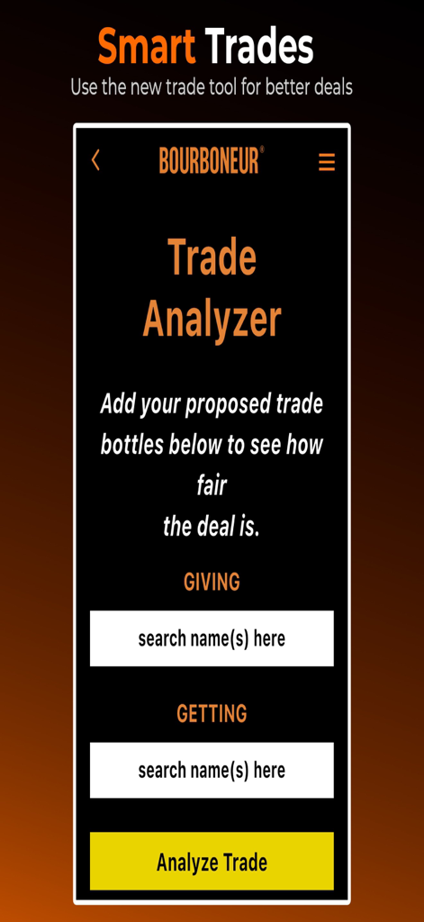 Bourboneur - Bourboneur mobile app Trade Analyzer interface showing search fields for bottles to trade and evaluate deal fairness