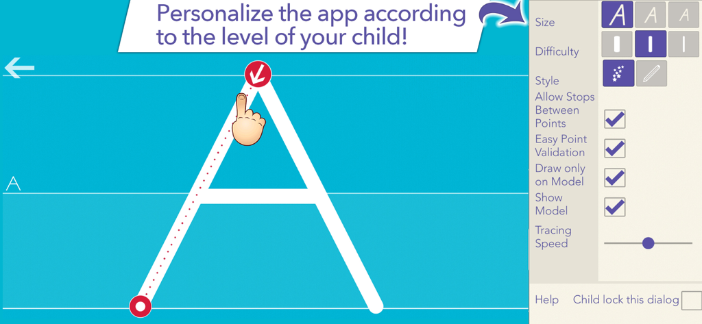 App screen showing the tracing of an uppercase A with a side panel of personalization settings for size and difficulty