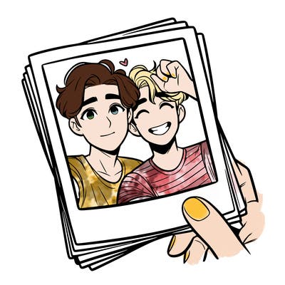 realistic, best friends taking a polaroid picture