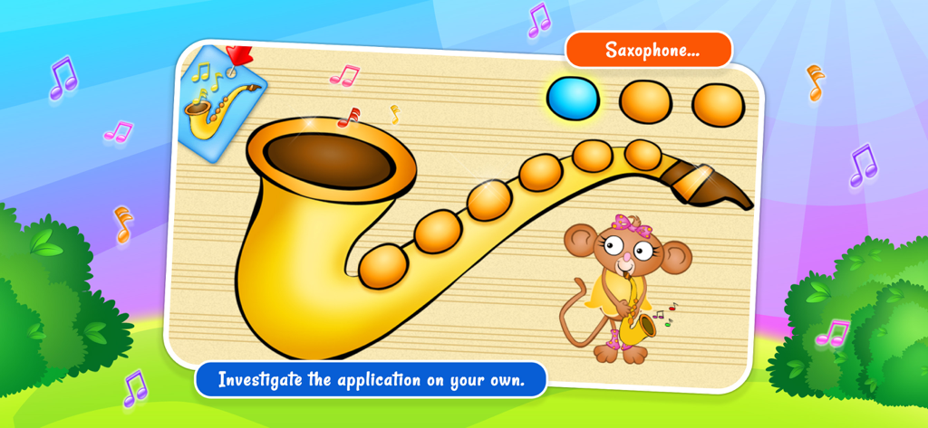 123 Fun MUSIC Games - Écran interactif de saxophone dans une application de musique pour enfants avec un singe de dessin animé