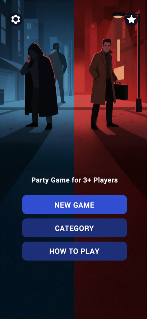 Menu principal do jogo de festa Impostor Challenge Guess Who com personagens misteriosos em um fundo dividido azul e vermelho com botões de play