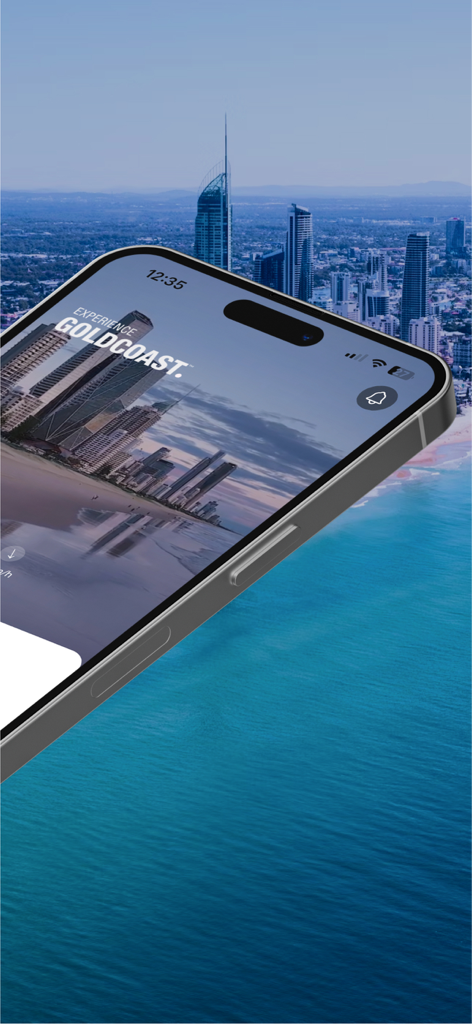 Experience Gold Coast - Experience Gold Coast travel app displayed on a smartphone with a beach and city skyline background.