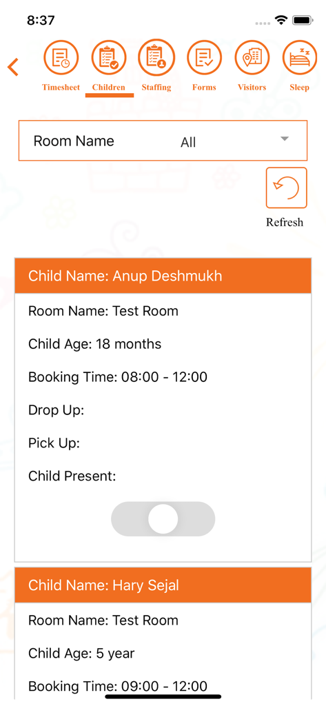 Discover Childcare - Child attendance tracking screen in the Discover Childcare app showing student names and details
