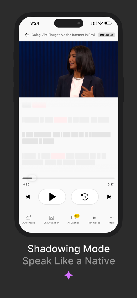 PlayLingo - PlayLingo app interface showing Shadowing Mode to practice English speaking with YouTube videos