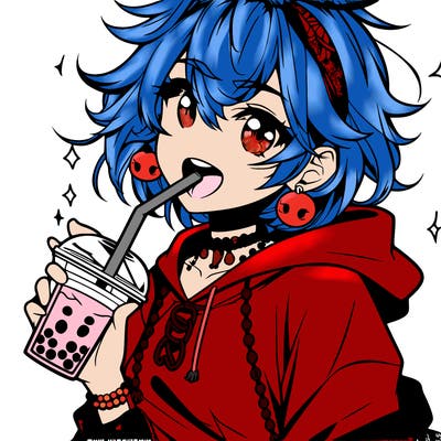 hot baddie anime girl drinking boba and biting the straw