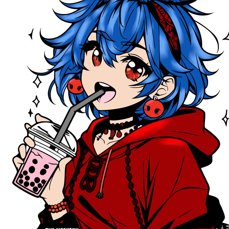 hot baddie anime girl drinking boba and biting the straw