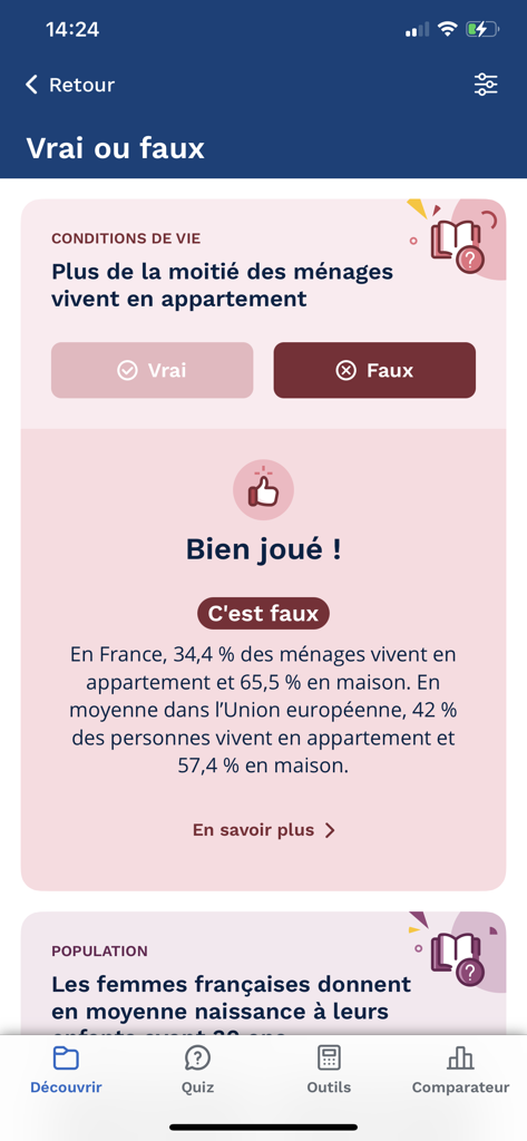 Insee Mobile app true or false quiz screen.