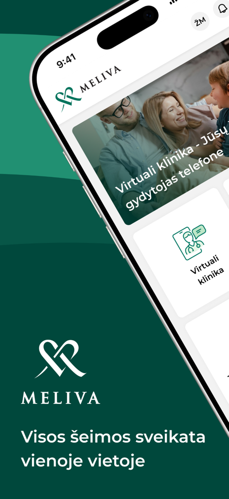 Meliva Lietuva - Interfaz de la aplicación móvil Meliva Lietuva que muestra servicios de salud familiar y clínica virtual
