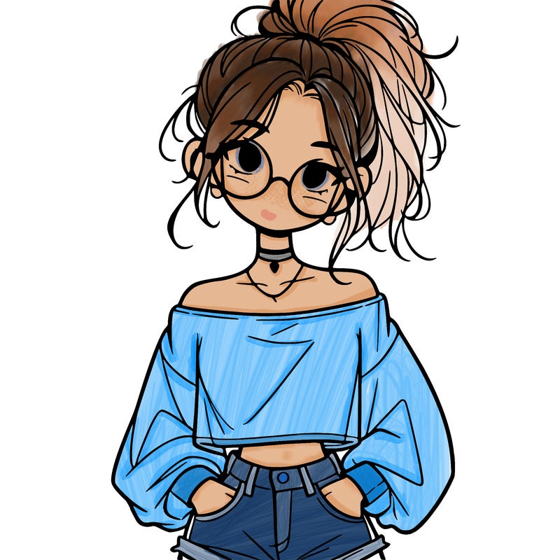 girl with a messy ponytail glasses a baggy crop top and jean shorts