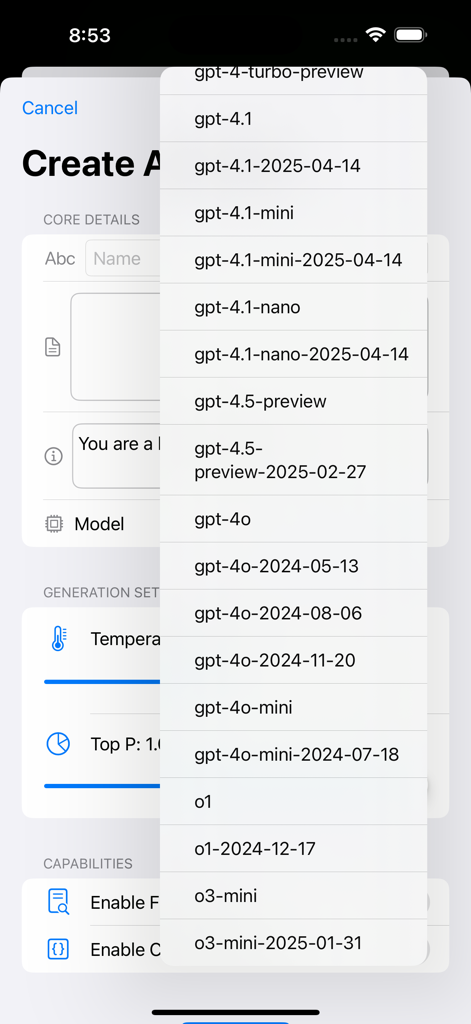 OpenAssistant - OpenAssistant app interface showing a list of available AI models for assistant creation