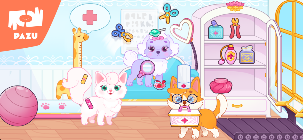 Princess Palace Pets World - A group of colorful cartoon pets roleplaying in a veterinary clinic room with medical tools