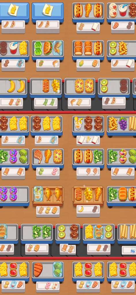 Gameplay screenshot showing multiple trays of food items being sorted in Grill Sort.