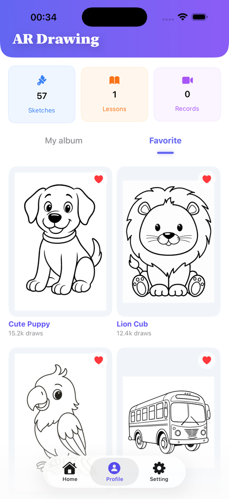 AR Drawing: Trace & Sketch - AR描画アプリのお気に入り画面。動物と乗り物のスケッチテンプレートが表示されています。