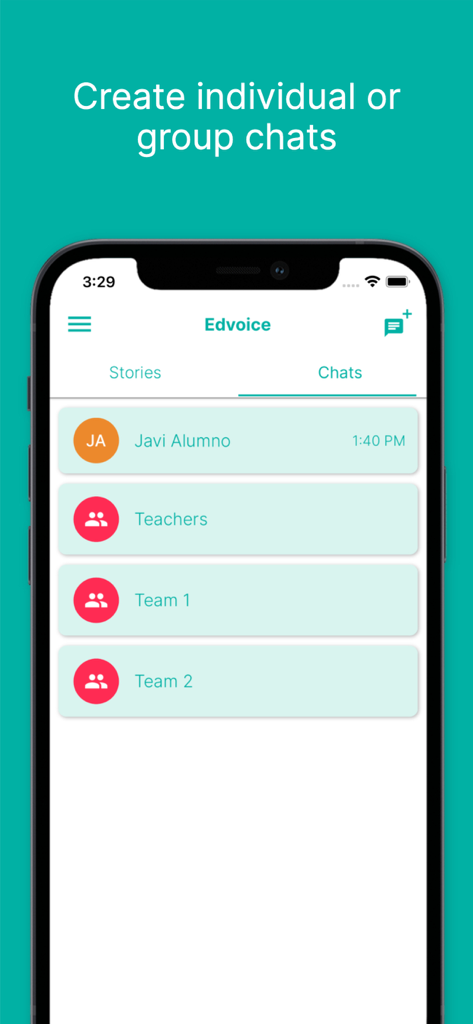 Edvoice - School communication - Interfaz de la aplicación Edvoice mostrando la pantalla de chats con opciones de conversación individuales y grupales