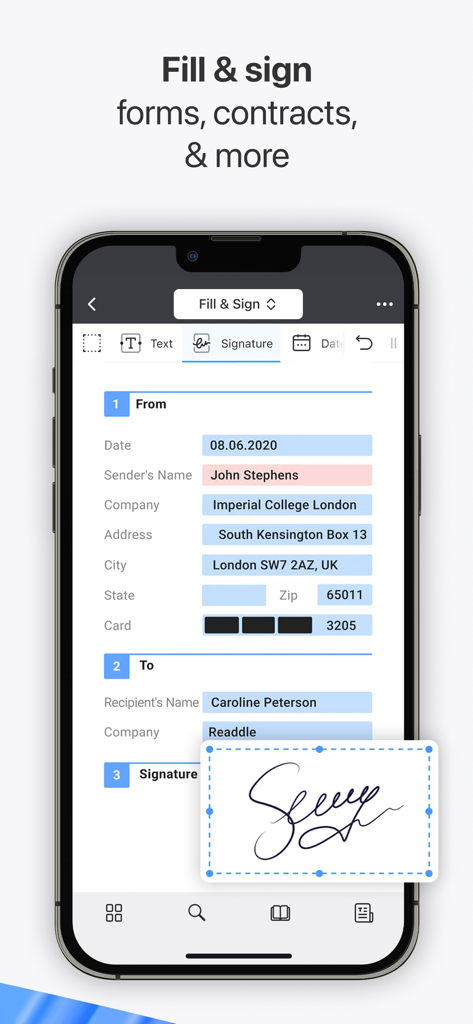 Smartphone-Bildschirm, der zeigt, wie die PDF Expert App zum Ausfüllen eines Formulars und Hinzufügen einer digitalen Signatur zu einem Dokument verwendet wird