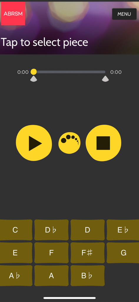 ABRSM SfMT Practice Partner - Interface of the ABRSM Practice Partner app showing play buttons and musical key selection.