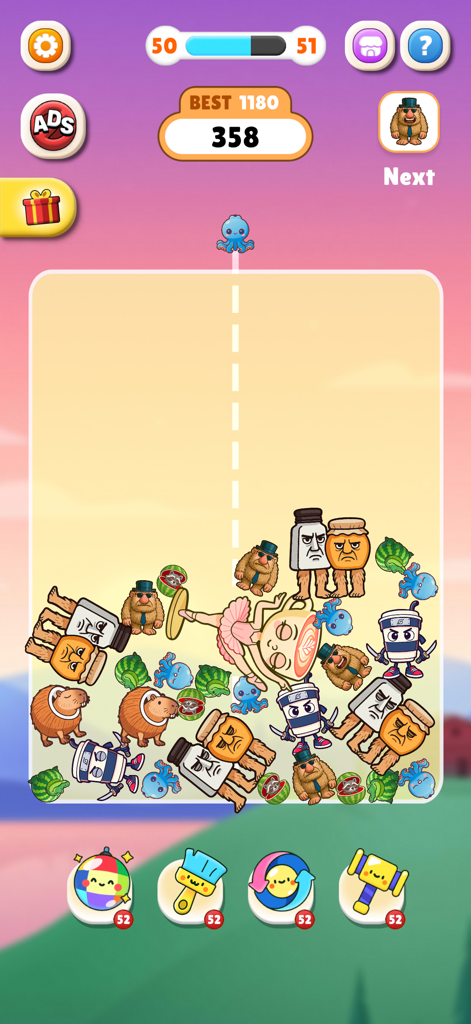 Brainrot Merge Drop Fun Puzzle - Brainrot Merge Drop Fun Puzzle gameplay screen featuring meme characters and level progress