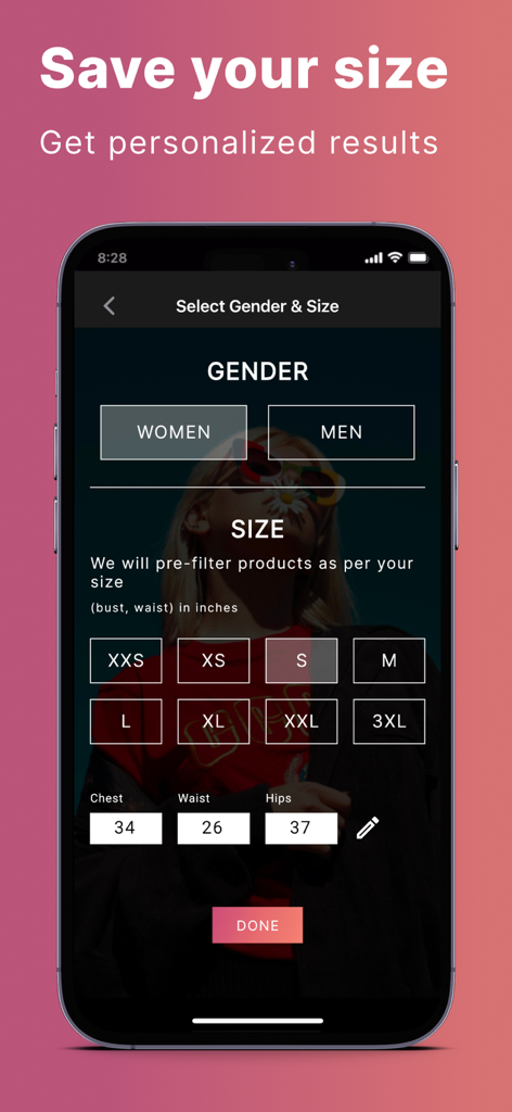 ALT - Fashion Search - ALT app screen for selecting gender, clothing size from XXS to 3XL, and entering chest, waist, and hip measurements for personalized shopping results.