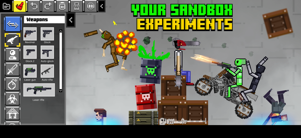 People Sandbox Workshop - People Sandbox Workshop gameplay showing a weapon selection menu and chaotic physics experiments with pixel art ragdoll characters.