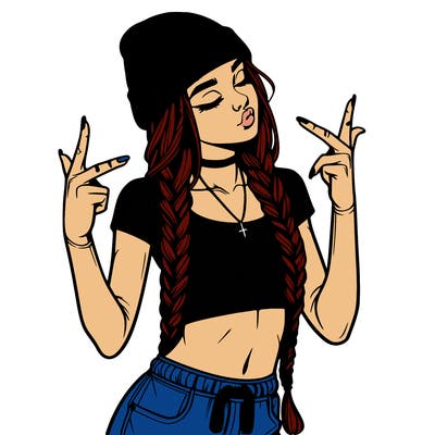 realistic teenage girl with braids and a beanie and crop top doing 🫶🏼
