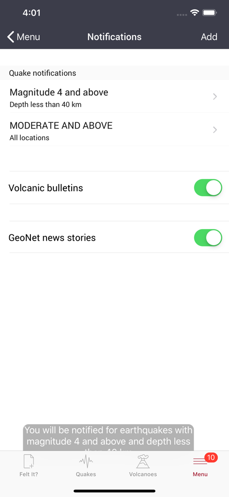 Notification settings screen for customizing earthquake and volcanic alerts in GeoNet Quake.