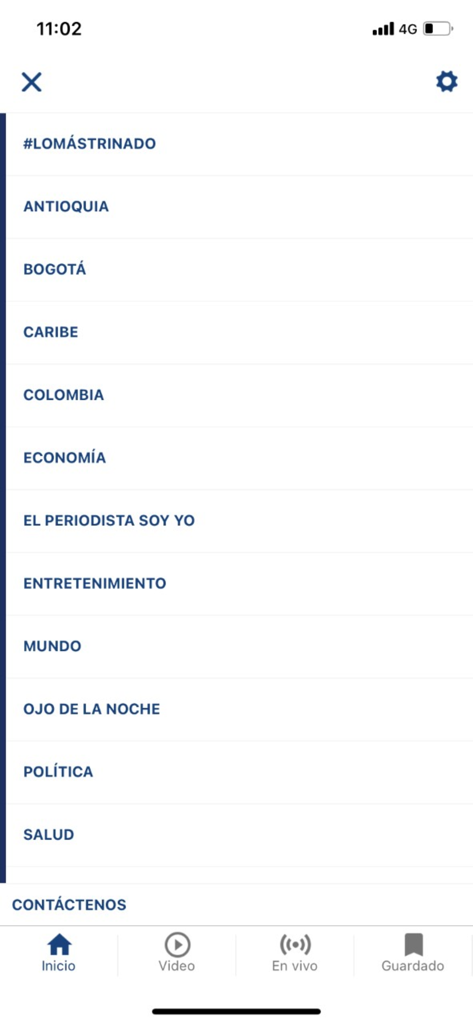 The navigation menu for the Noticias Caracol app showing news categories like Bogota Colombia and Economy