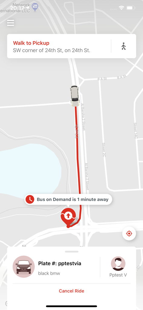 Dubai Bus on Demand - Real-time vehicle tracking interface in the Dubai Bus on Demand app showing a map and arrival time.