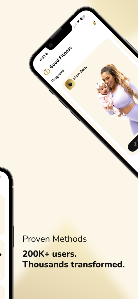 Good Fitness app interface showing the Mom Body program for postpartum recovery with a mother holding her baby.