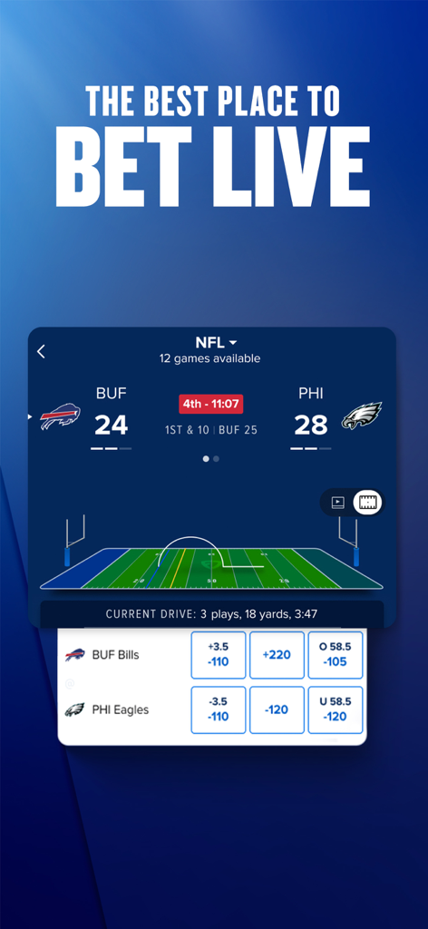 FanDuel Sportsbook mobile app interface showing live betting odds and game tracker for an NFL match between the Bills and Eagles