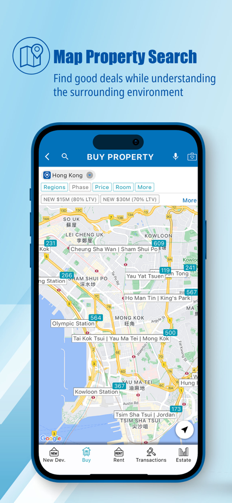 Ricacorp Real Listing - Map view of Hong Kong real estate listings in the Ricacorp Real Listing app