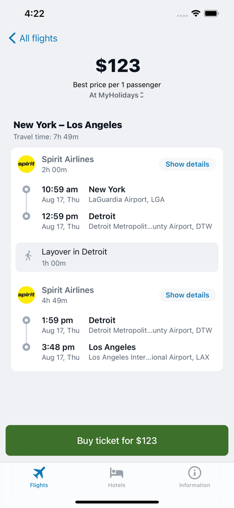 Cheap Flights online - A mobile app screen showing a flight itinerary from New York to Los Angeles with Spirit Airlines for 123 dollars.