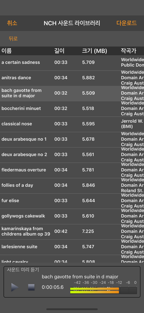 The NCH Sound Library screen in the WavePad app showing a list of classical music tracks and an audio playback preview window.
