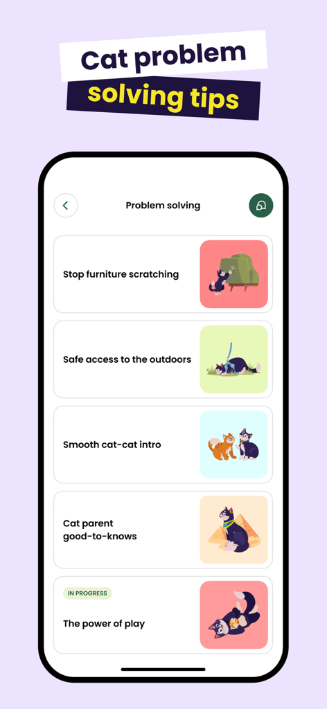 Meowz: Cat Training, Pet Care - A mobile app screen for Meowz showing a list of cat problem solving tips including stopping furniture scratching and cat introductions.