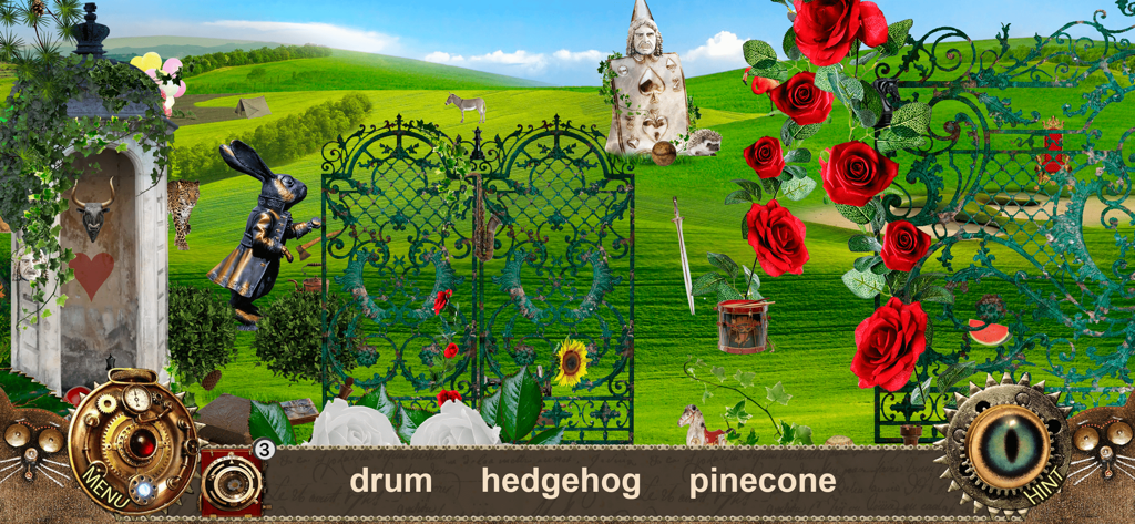 Wimmelbildspiel-Level im Alice-im-Wunderland-Thema mit einem Garten mit roten Rosen.