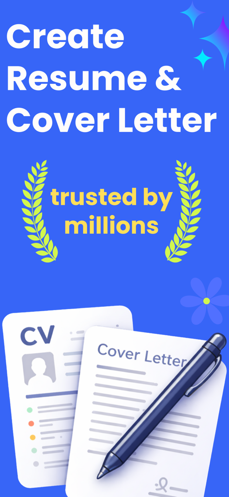 Grafica promozionale per l'app CV Resume Cover Letter Creator che mostra documenti professionali e una penna