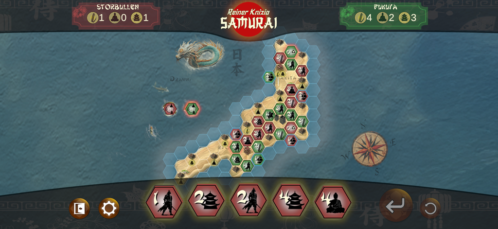 Samurai by Reiner Knizia - Interface de jeu de plateau numérique de Samurai par Reiner Knizia montrant une carte hexagonale du Japon et des pièces de jeu stratégiques
