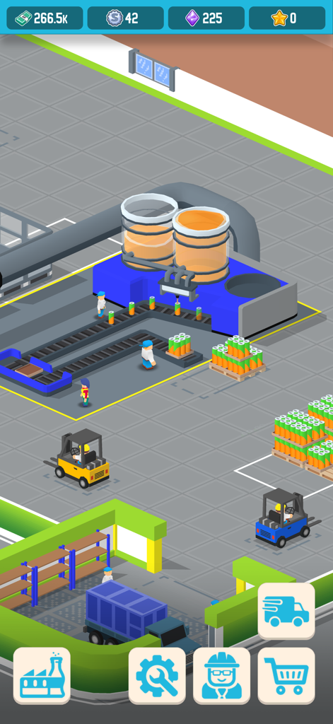 Soda Inc: Idle Tycoon - Vista isométrica de uma linha de engarrafamento de fábrica de refrigerantes com esteiras e empilhadeiras movendo paletes de latas de laranja