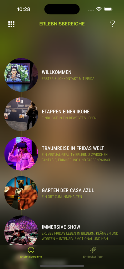 Alegria Exhibition - The experience areas menu in the Alegria Exhibition app featuring Frida Kahlo exhibit stages.