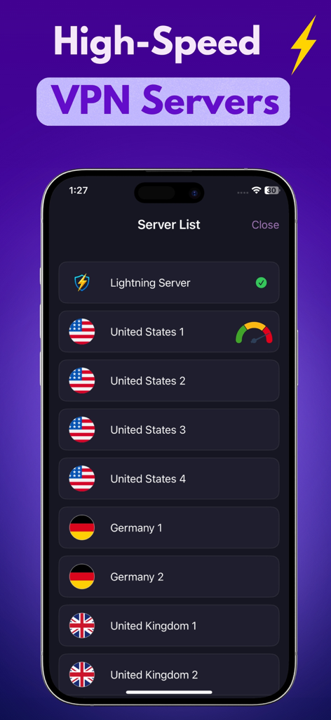 Onion Browser: VPN+Ad Blocker - Una interfaz móvil para Onion Browser que muestra una lista de servidores VPN de alta velocidad para EE. UU., Alemania y Reino Unido