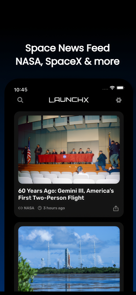 LaunchX: Rocket Launch Tracker - LaunchX app interface showing a space news feed with historical and current NASA and SpaceX articles